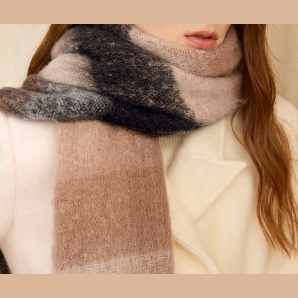 Tan and Black Plaid Brushed Knit Fringe Trim Long Scarf